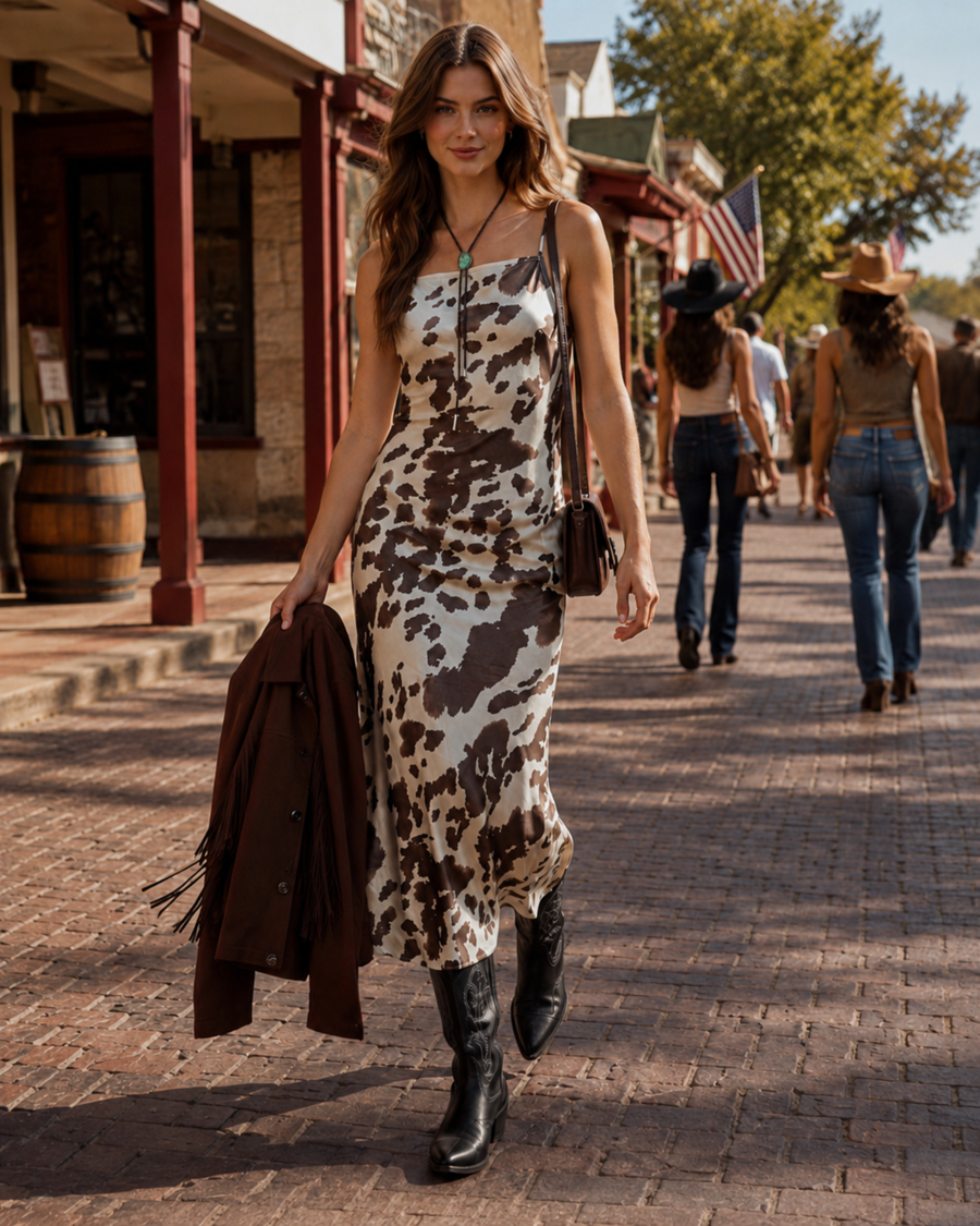 The Round Top Cow Print Midi Dress